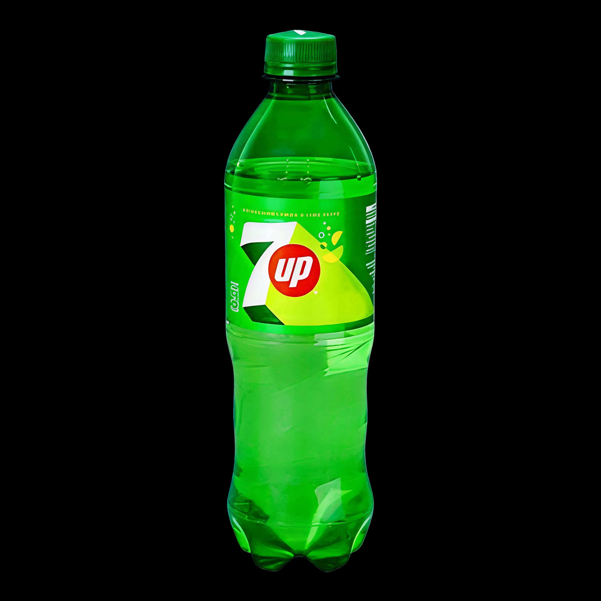 A 500ml plastic bottle of 7up cola with green liquid, a green cap, and a green and yellow label featuring the red 7up logo, isolated on a white background.