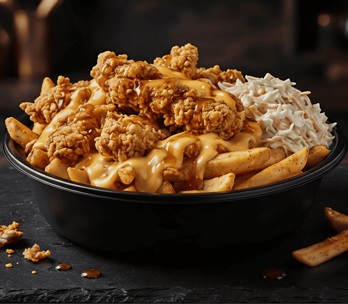A black bowl filled with loaded fries topped with crispy fried chicken, melted cheese, and coleslaw, set on a dark slate plate with extra fries beside it.