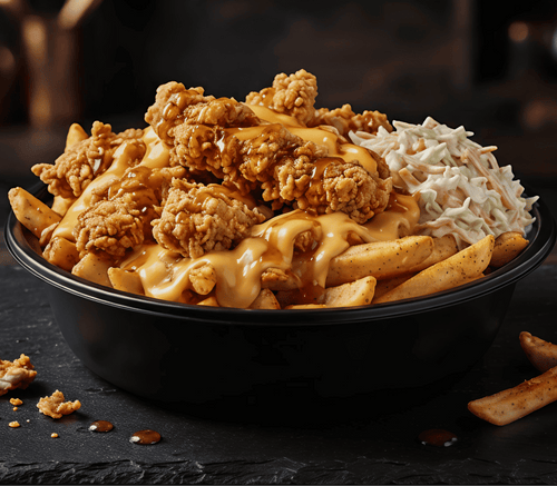 A black bowl filled with loaded fries topped with crispy fried chicken, melted cheese, and coleslaw, set on a dark slate plate with extra fries beside it.