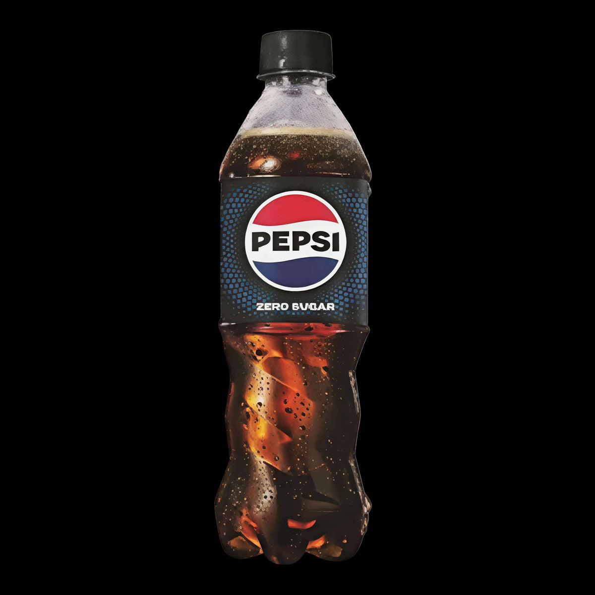 A single bottle of Pepsi Zero Sugar carbonated beverage on a light gray background. The bottle is clear plastic, filled with dark cola-colored liquid, has condensation droplets, and features the classic Pepsi logo on the label.