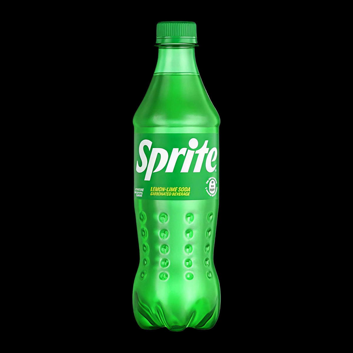 A green plastic bottle of Sprite lemon lime soda with a green cap, shown on a plain white background.