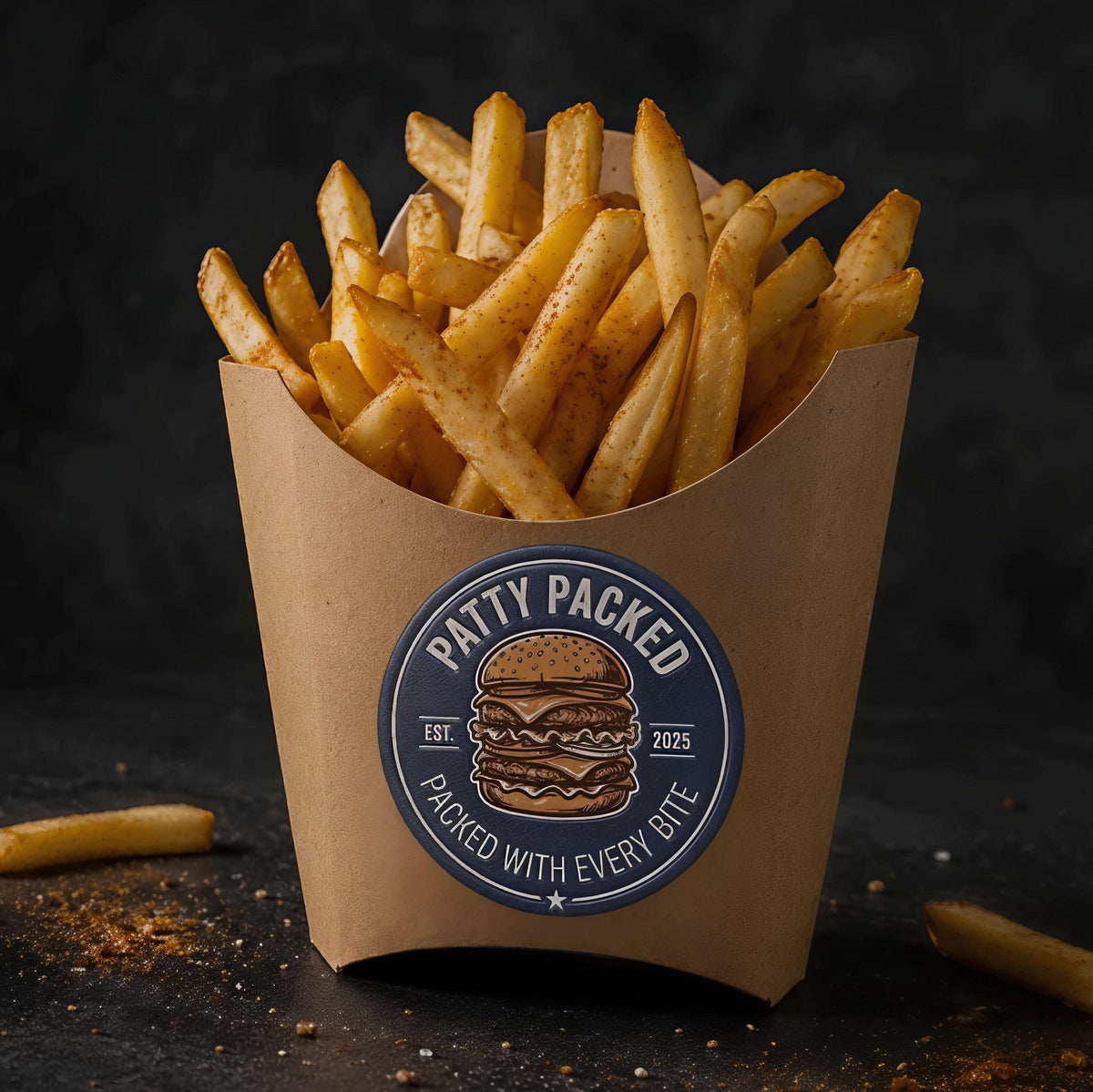 A paperboard fry holder filled with golden french fries on a dark textured surface. The holder has a round blue and brown sticker that reads 'PATTY PACKED' with a burger illustration.