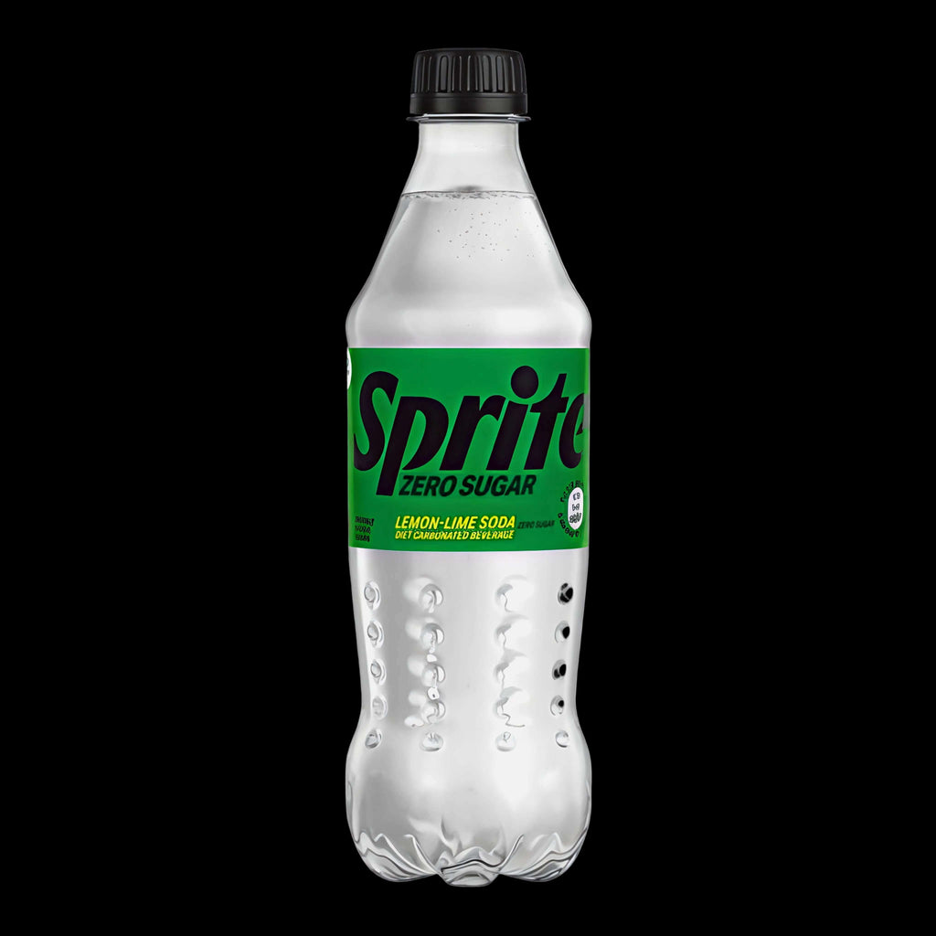 A 345ml plastic bottle of Sprite Zero Sugar Lemon-Lime Soda on a light gray background.