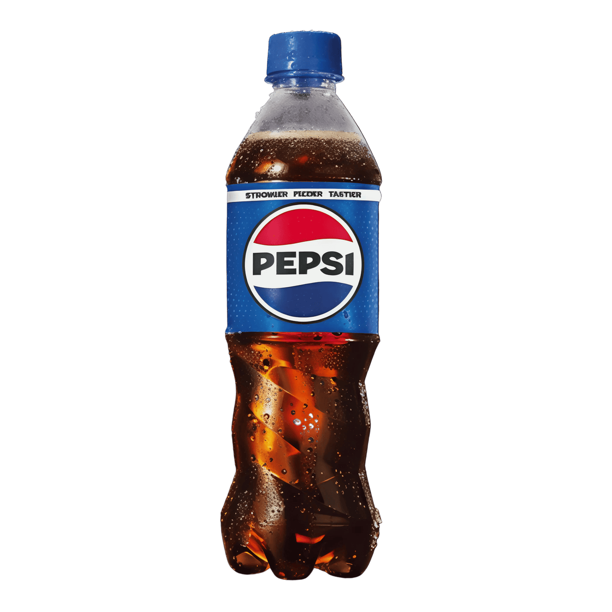 A single bottle of Pepsi Stronger Fester Taitter in a clear plastic bottle with a blue cap and a blue label featuring the red, white, and blue Pepsi logo, shown against a solid black background.