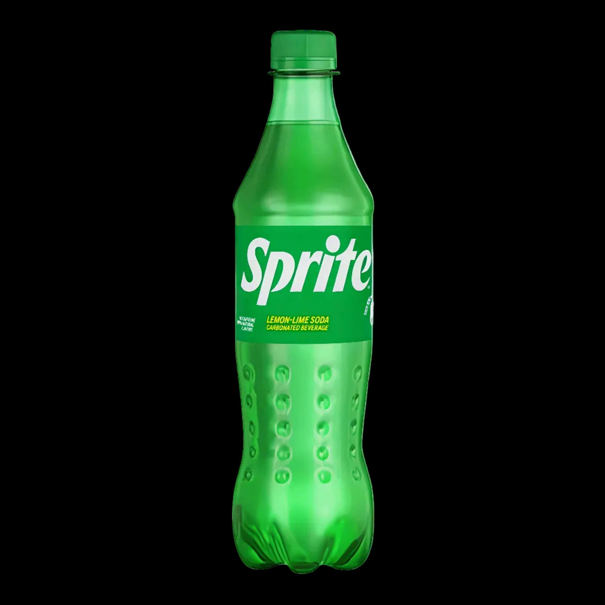 A green plastic bottle of Sprite lemon-lime soda with a green cap and a white Sprite logo on the front, shown against a light gray background.