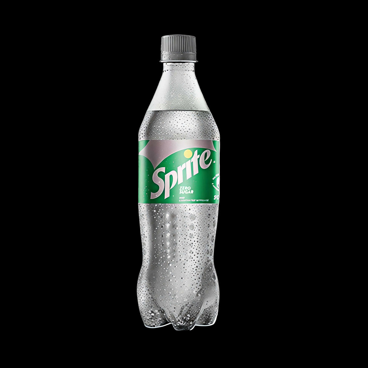 A single bottle of Sprite Zero Sugar carbonated beverage, shown on a clean white background. The clear plastic bottle is covered in condensation droplets and features the signature green and white Sprite label.