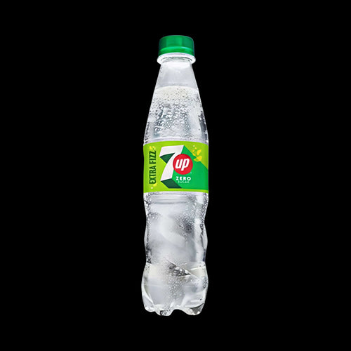 A 345ml plastic bottle of 7up Zero Extra Fizz soda with a green cap and a green and white label, shown on a white background.