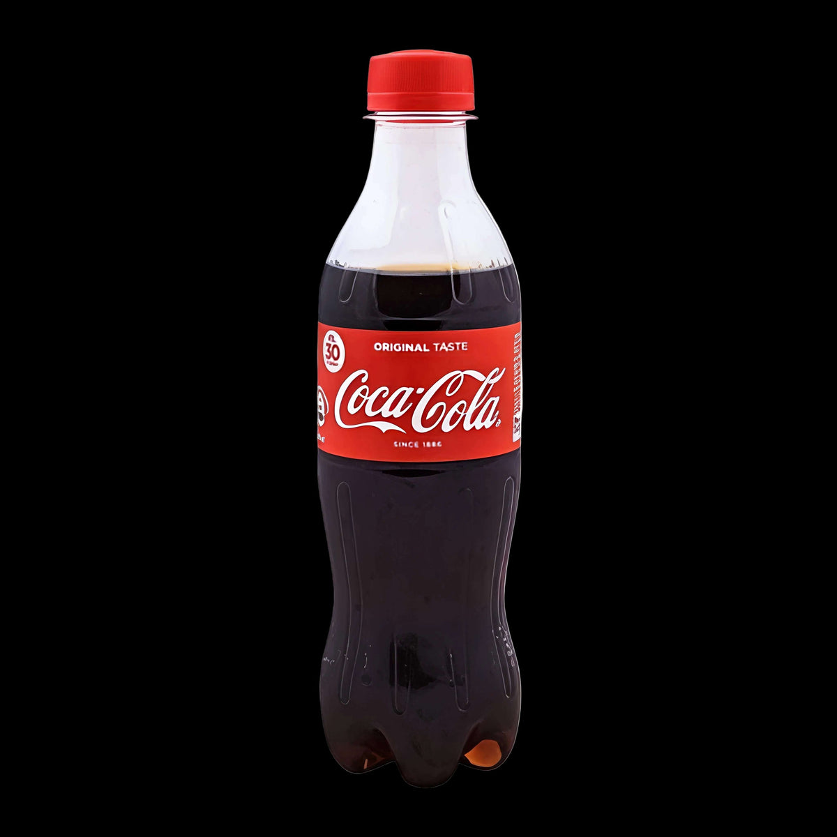 Coca-Cola bottle with red label and cap on a white background