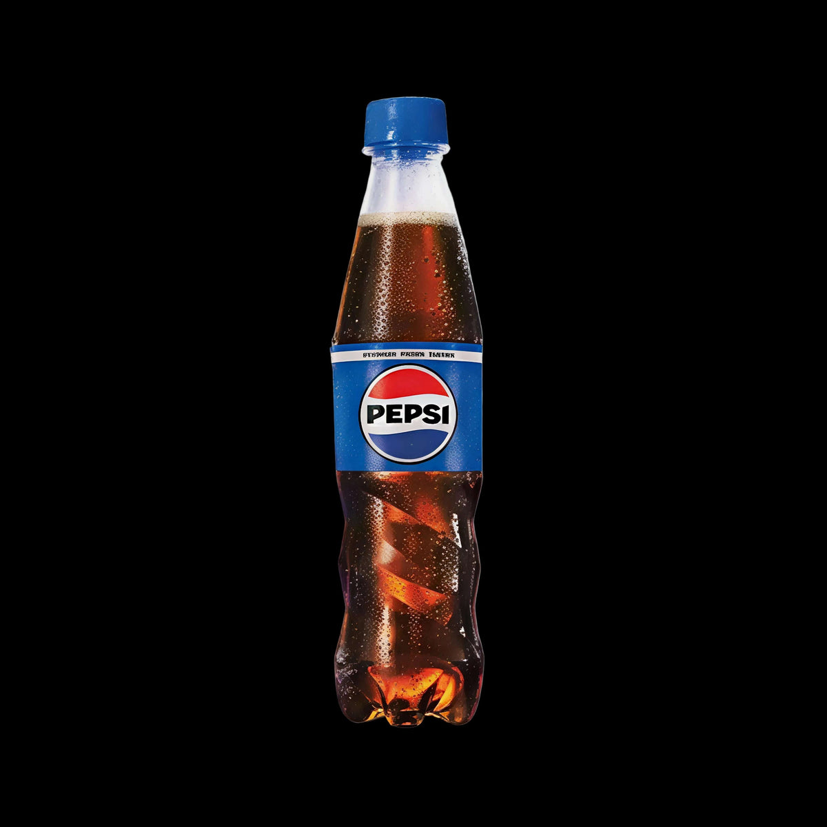 A single bottle of Pepsi-Cola soft drink with a blue cap and blue/red label, shown upright on a light gray background.